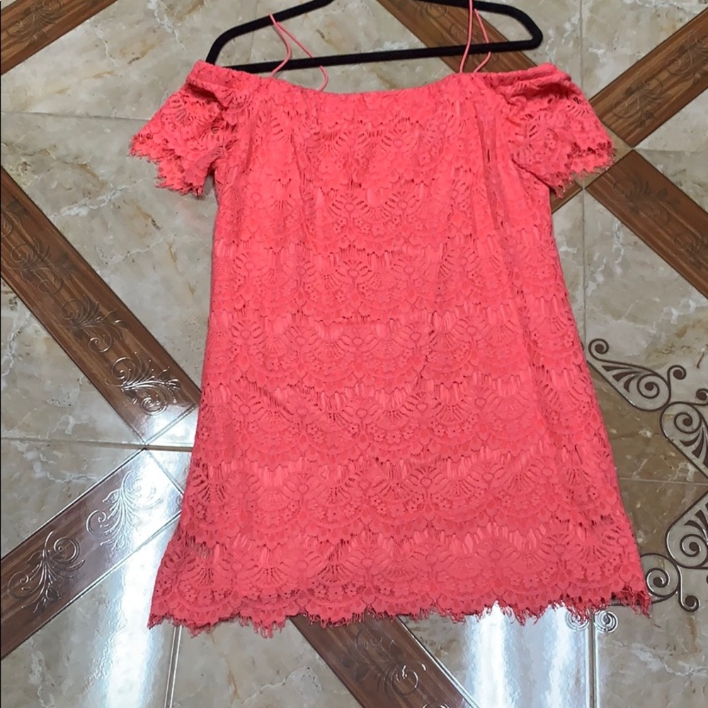 Top shop off shoulder lace coral dress